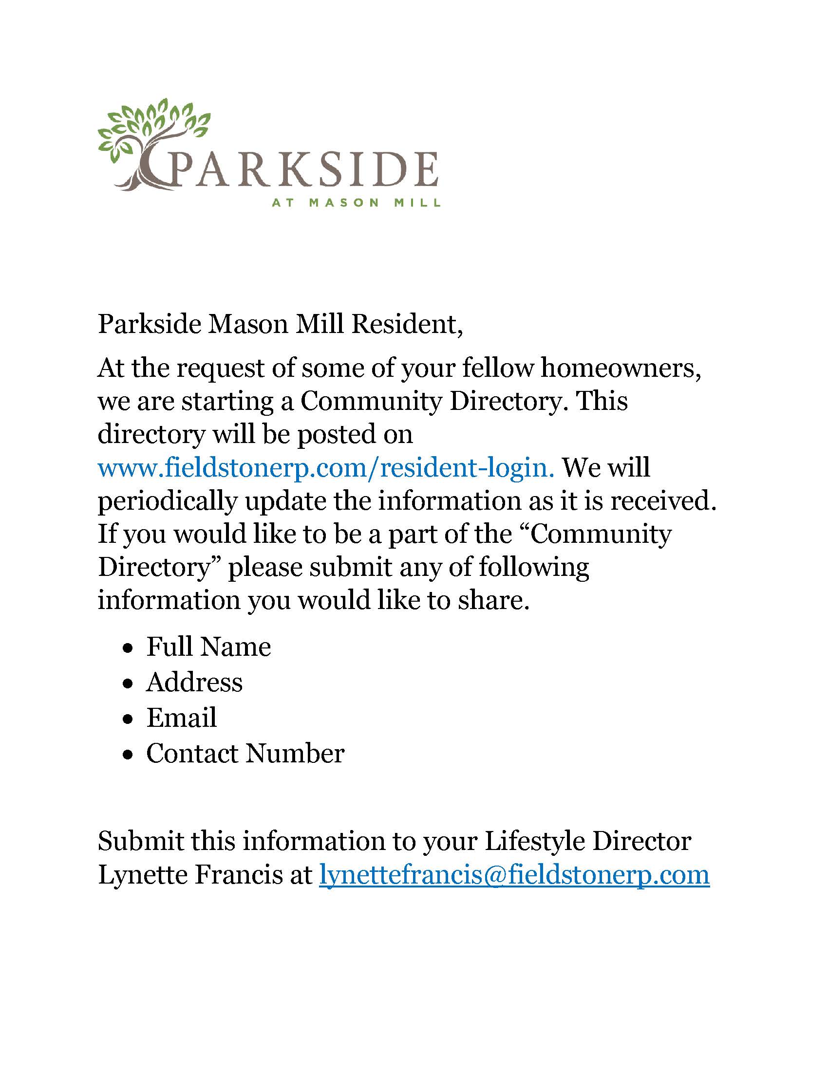 Parkside Community Directory Invite